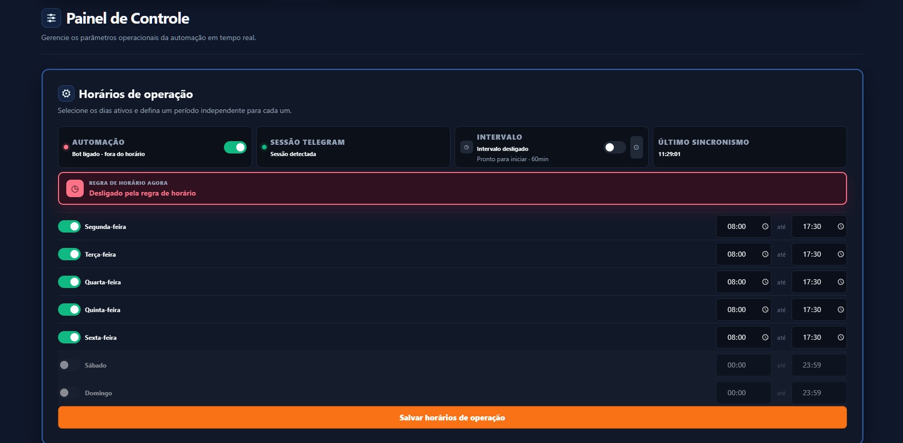 Tela real do Phantom Hub: horários de operação da automação